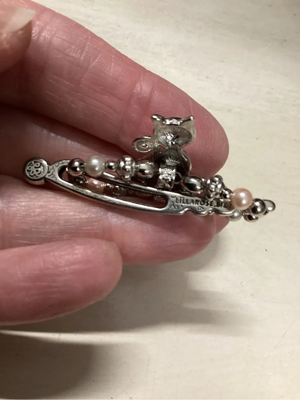 Lila Rose Silver Cat Barrette with Pink and Gray Pearl Accents